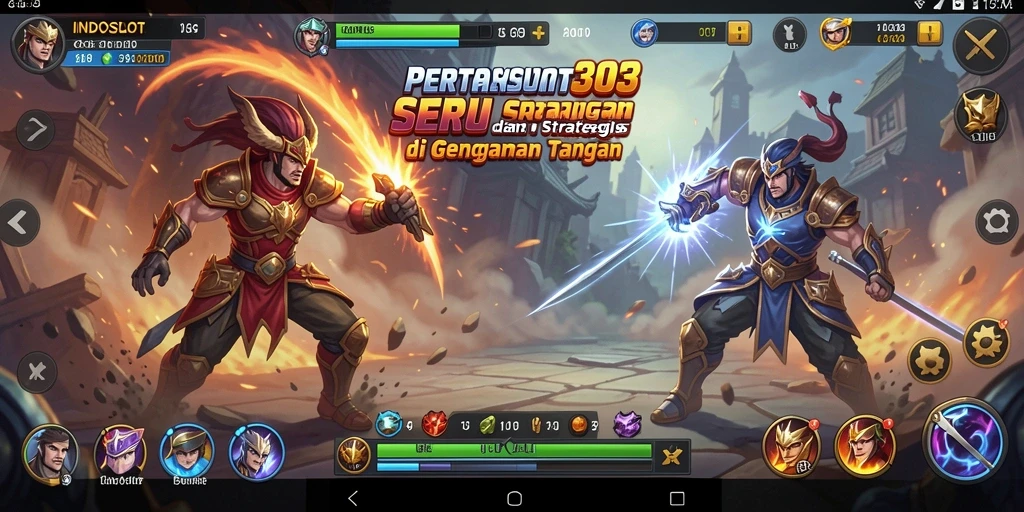 Screenshot utama INDOSLOT303 menampilkan karakter yang sedang bertarung dengan latar belakang arena yang epik.