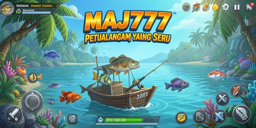 Tampilan utama MAJ777 menampilkan pemain saat menangkap ikan di danau yang indah.