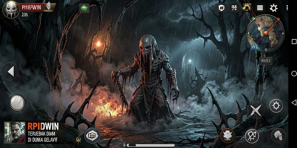 Screenshot gameplay RPIDWIN menampilkan suasana menakutkan di lokasi angker.