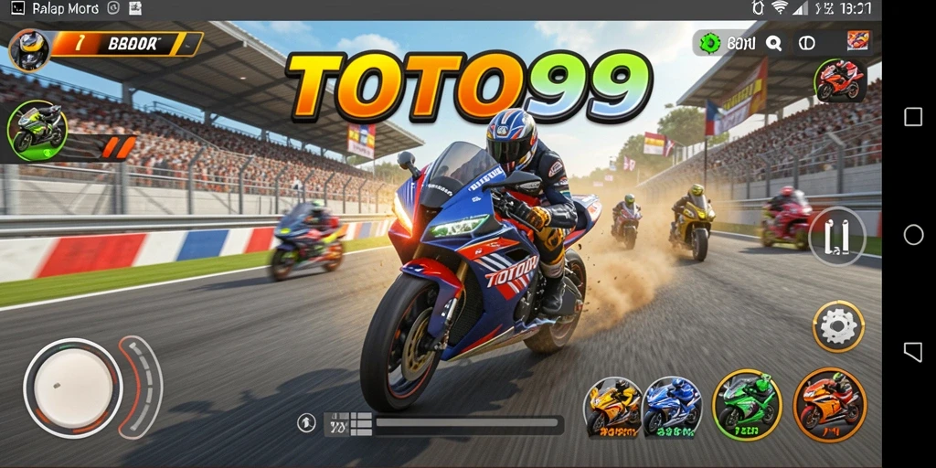 Tampilan gameplay mendebarkan dari TOTO99 saat balapan motor.